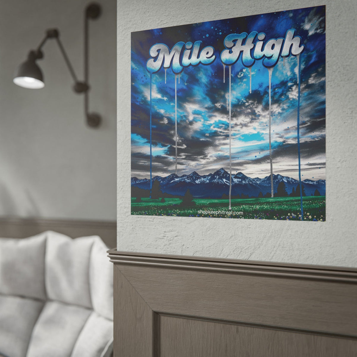 Rolled Poster — "Mile High" Mountain Sky Art Print (Blue Landscape, Drip Lettering)