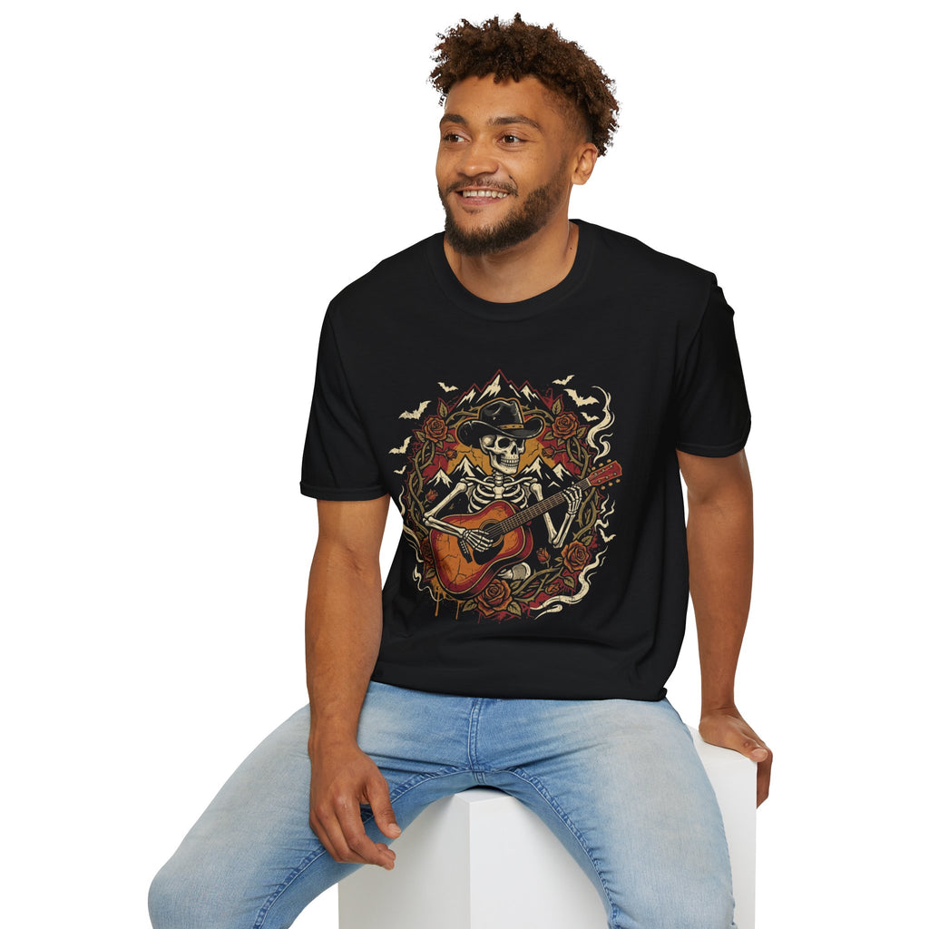 Haunted Outlaw Skeleton Guitar Halloween Tee | Keep’n It Real
