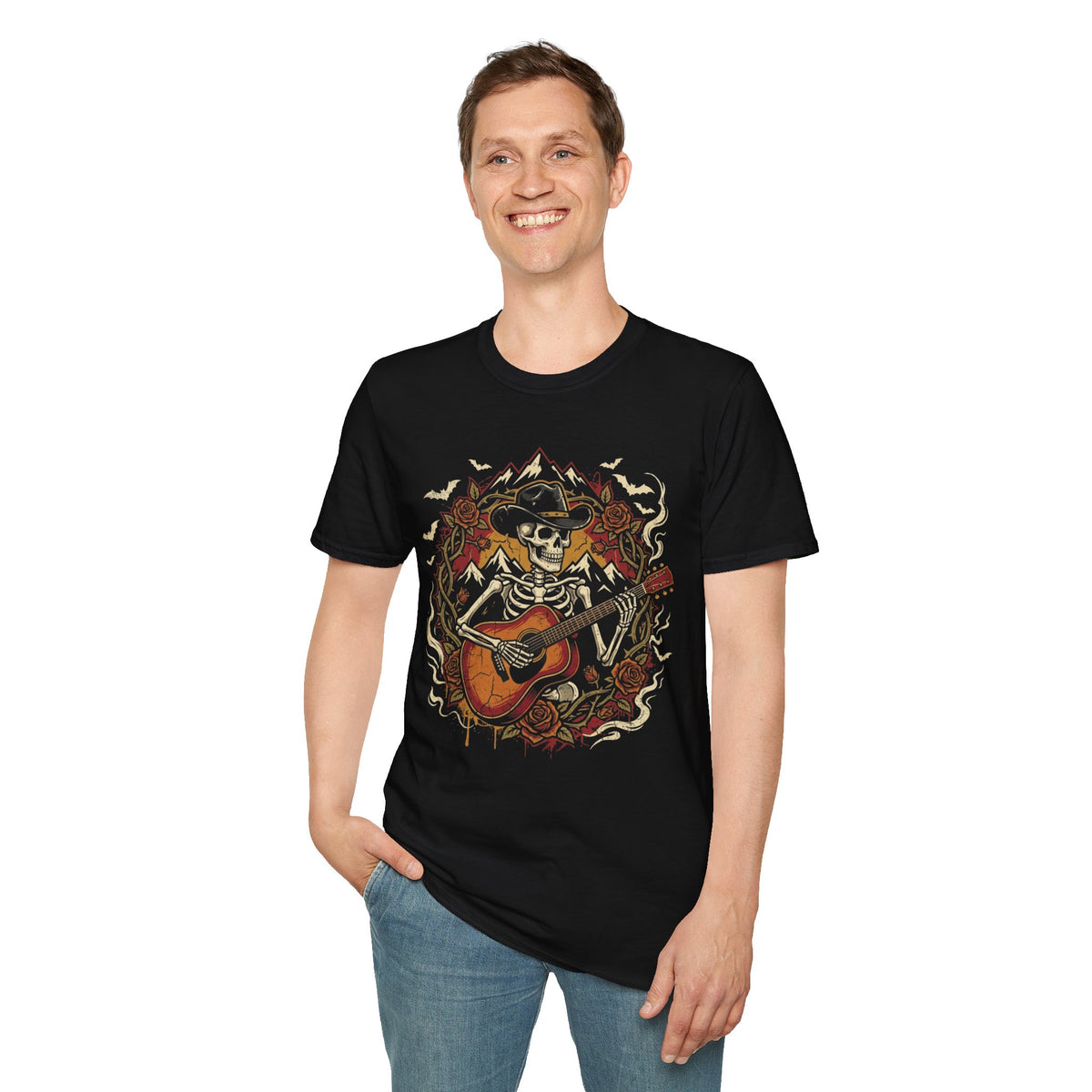 Haunted Outlaw Skeleton Guitar Halloween Tee | Keep’n It Real