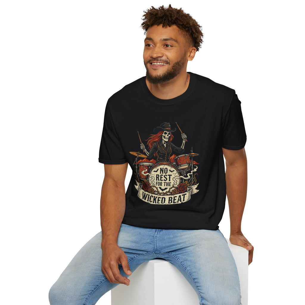 No Rest for the Wicked Beat Drummer Skeleton Halloween Tee | Keep’n It Real