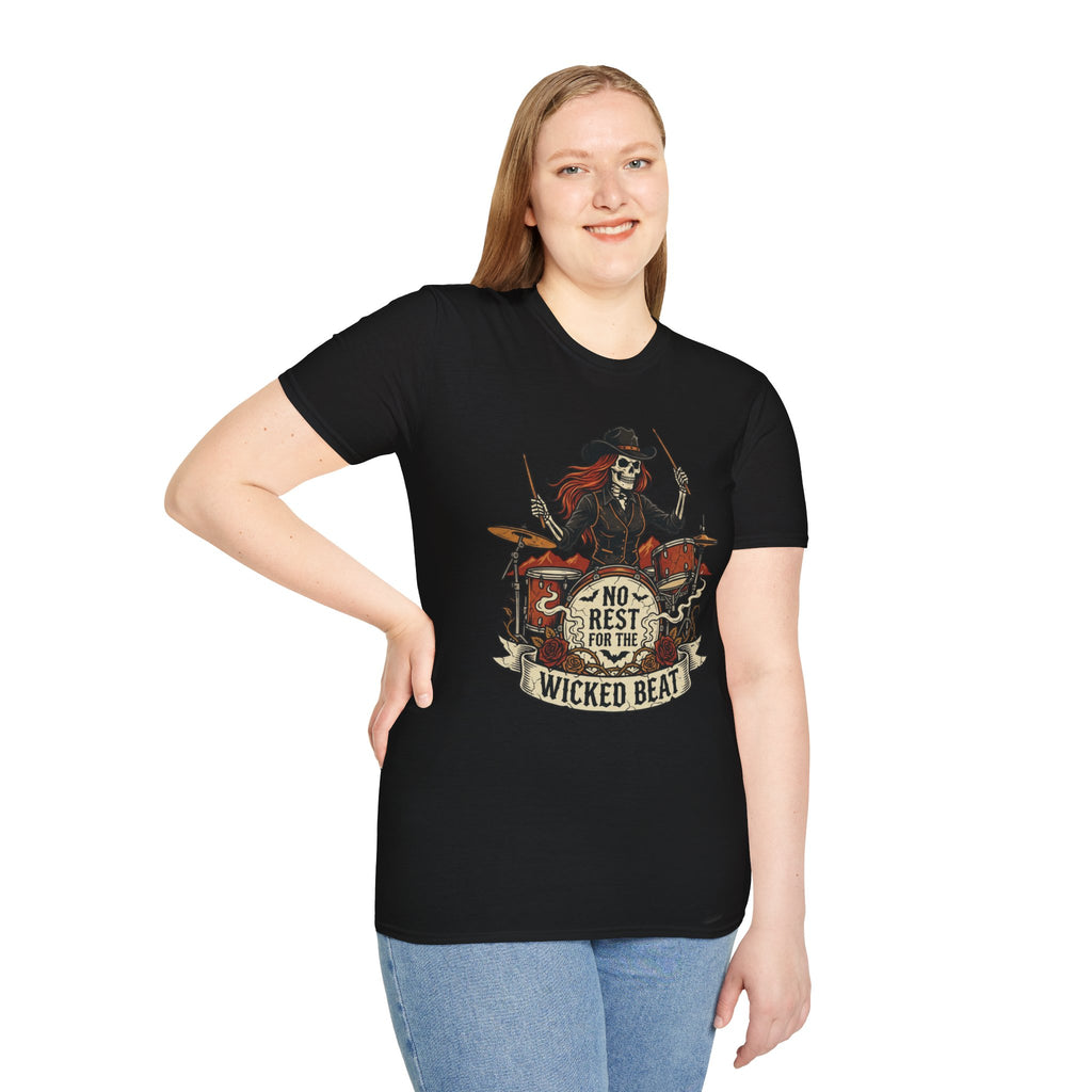 No Rest for the Wicked Beat Drummer Skeleton Halloween Tee | Keep’n It Real