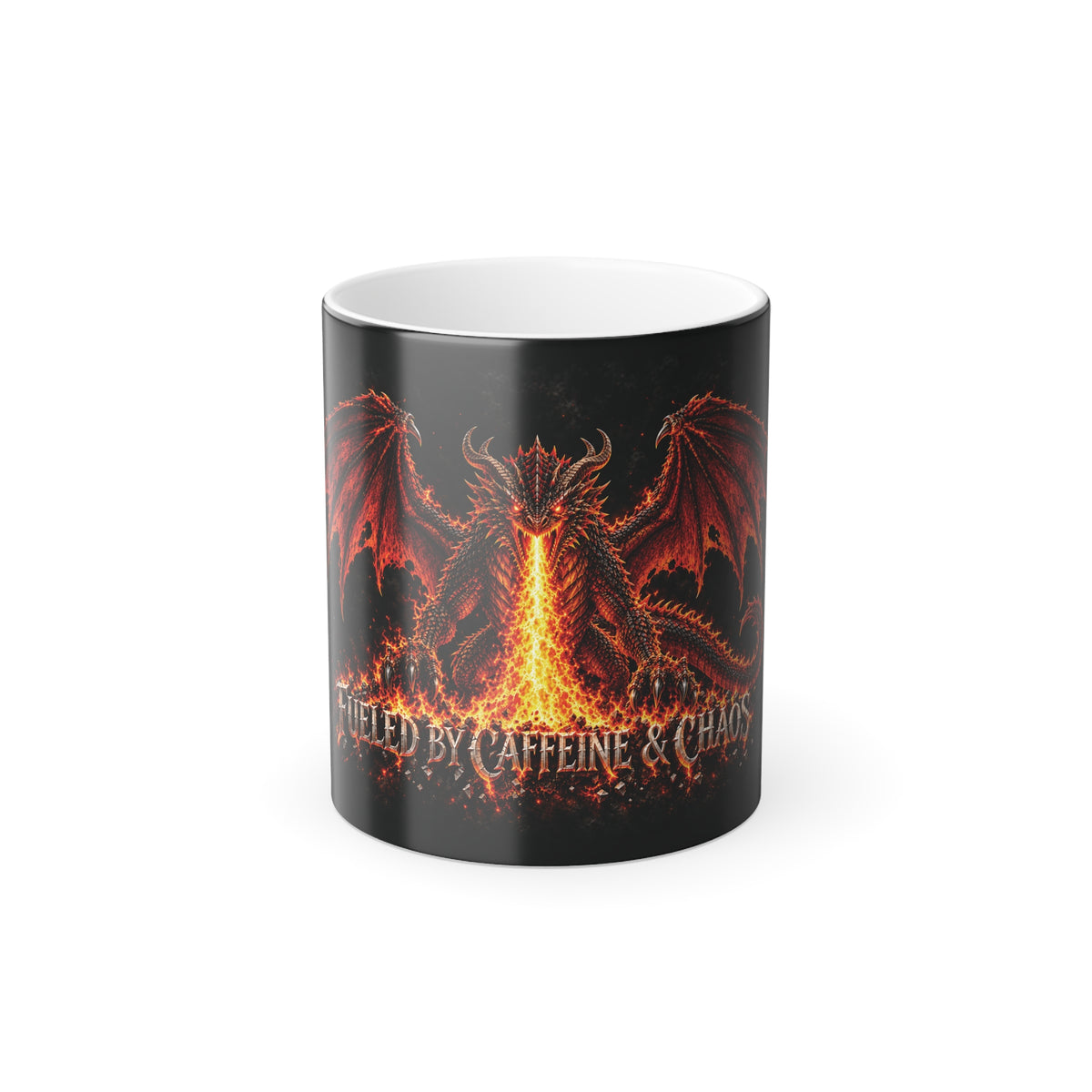 Fueled By Caffine & Chaos- Dragon Color Changing Mug — 11oz Heat-Reactive Halloween Coffee Cup | Keep'n it Real