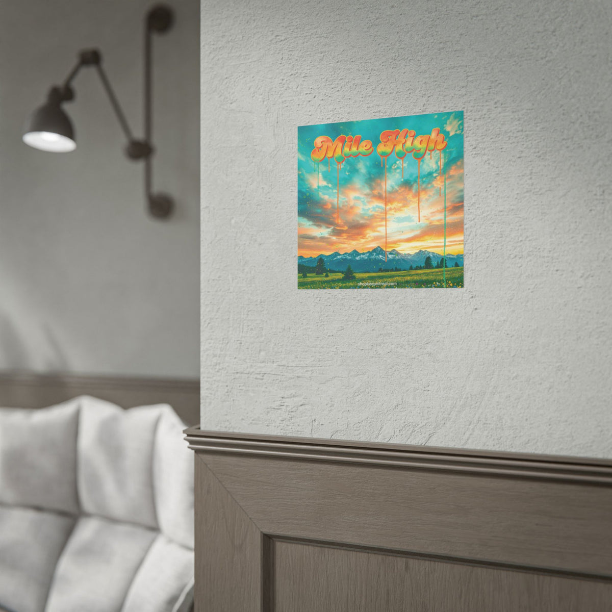 Rolled Poster -Mile High Mountain Sunset — Retro Drip Typography Wall Art