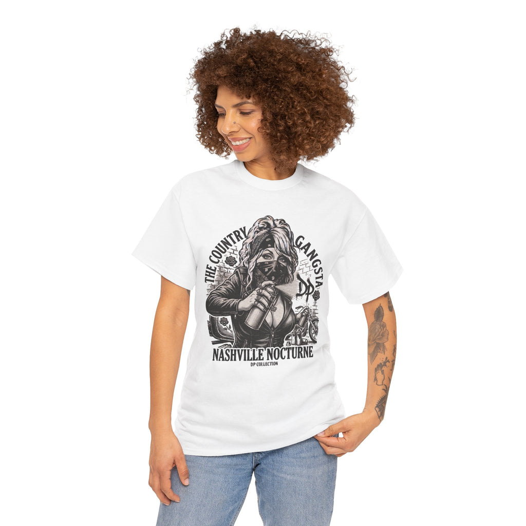 D.P. Collection Country Gangsta Spray Painting Tee — "Nashville Nocturne" Graphic Shirt (Back: Gone But Not Forgotten)