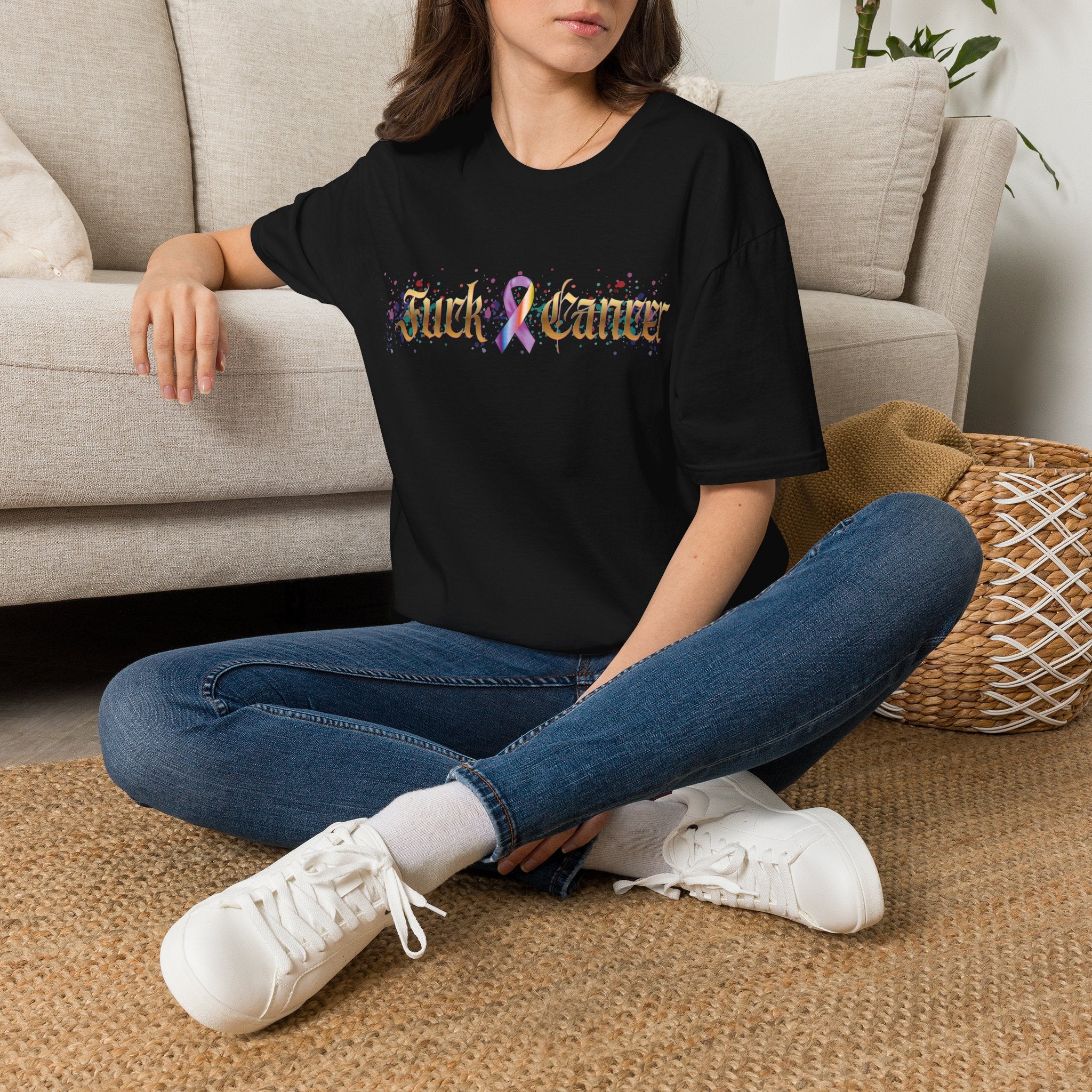 Fuck Cancer with Ribbon Colorful Unisex Softstyle T-Shirt