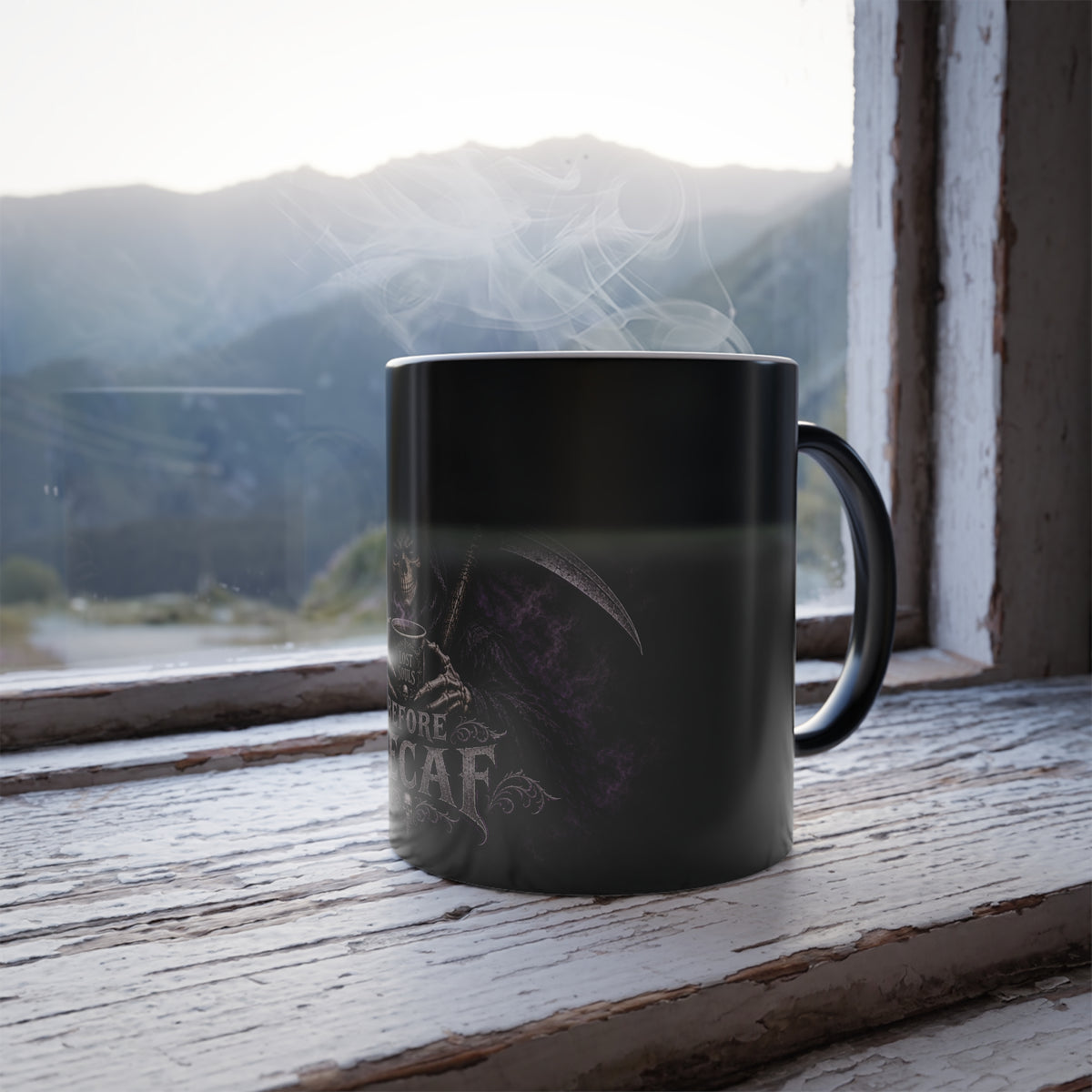Death Before Decaf -Grim Reaper Color Changing Mug — 11oz Heat-Reactive Halloween Coffee Cup | Keep'n it Real