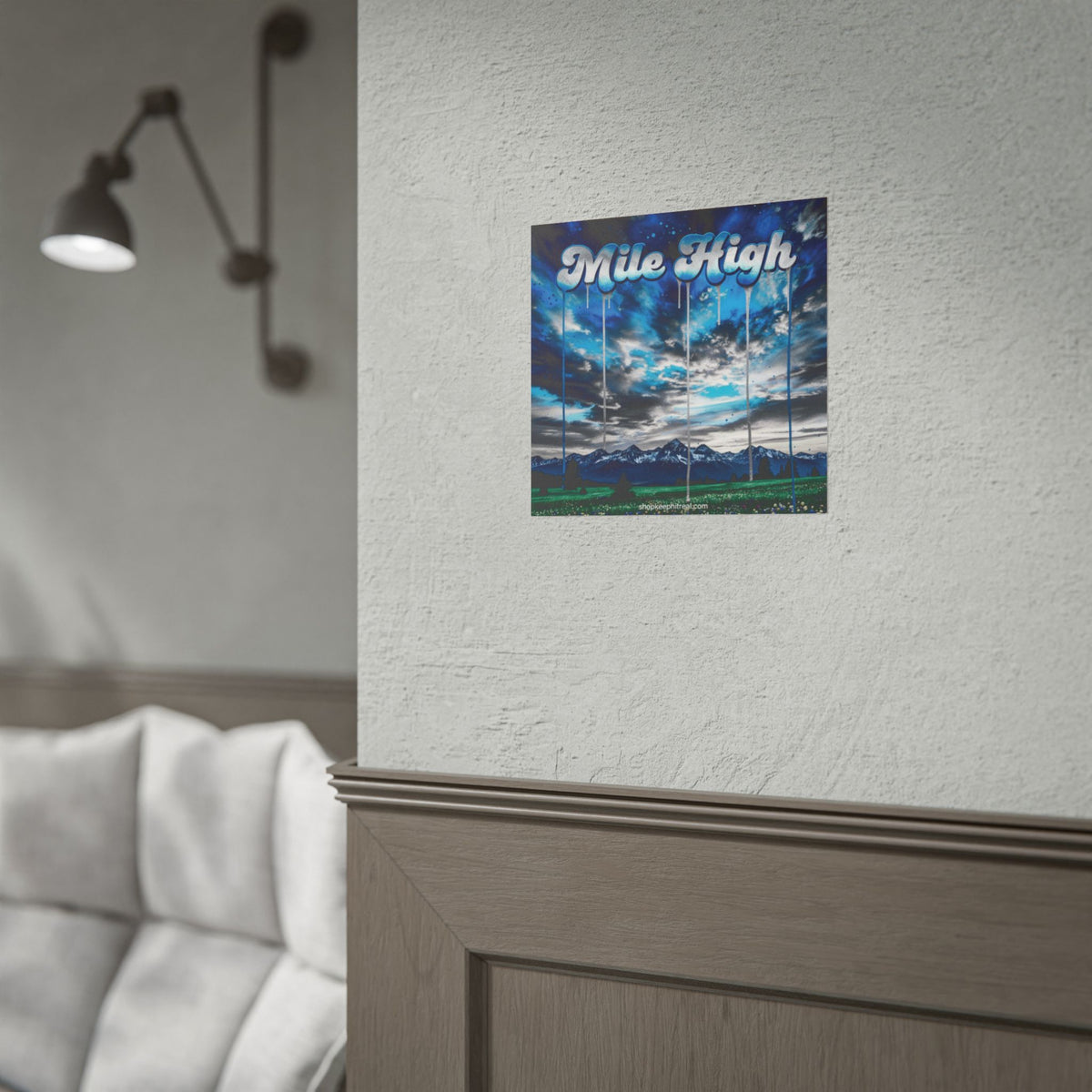 Rolled Poster — "Mile High" Mountain Sky Art Print (Blue Landscape, Drip Lettering)