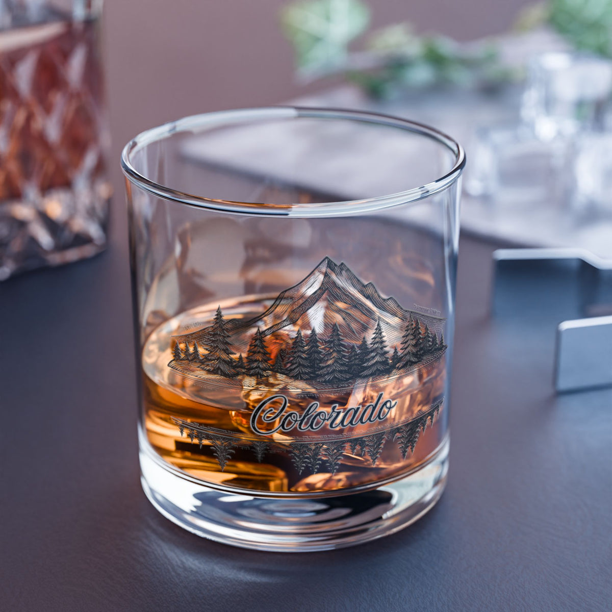 Colorado Mountain Rocks Glass — 10 oz Whiskey Tumbler with Pine Tree & Lake Engraving