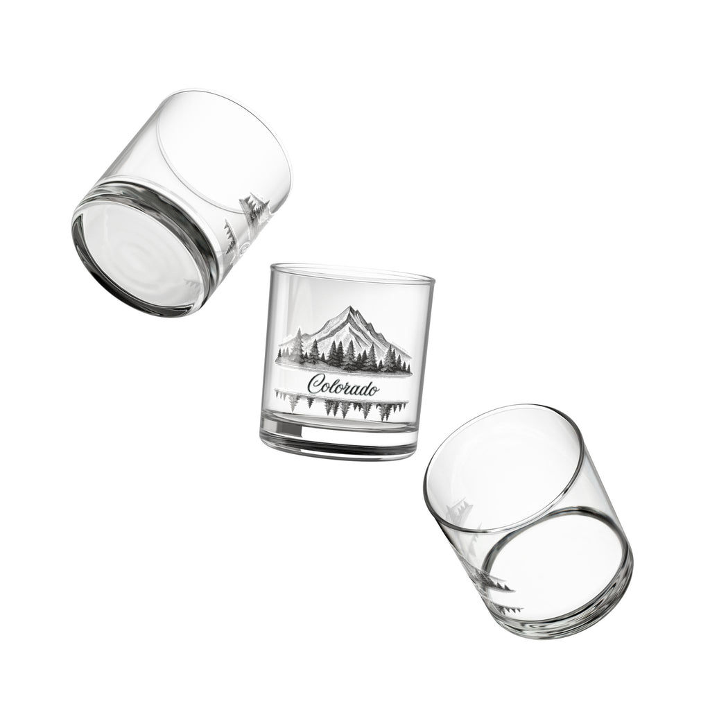 Colorado Mountain Rocks Glass — 10 oz Whiskey Tumbler with Pine Tree & Lake Engraving