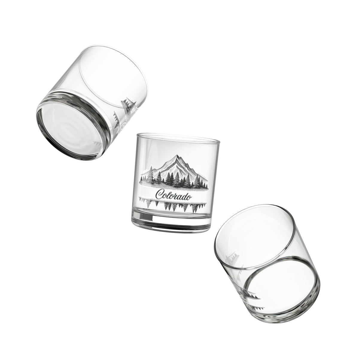 Colorado Mountain Rocks Glass — 10 oz Whiskey Tumbler with Pine Tree & Lake Engraving