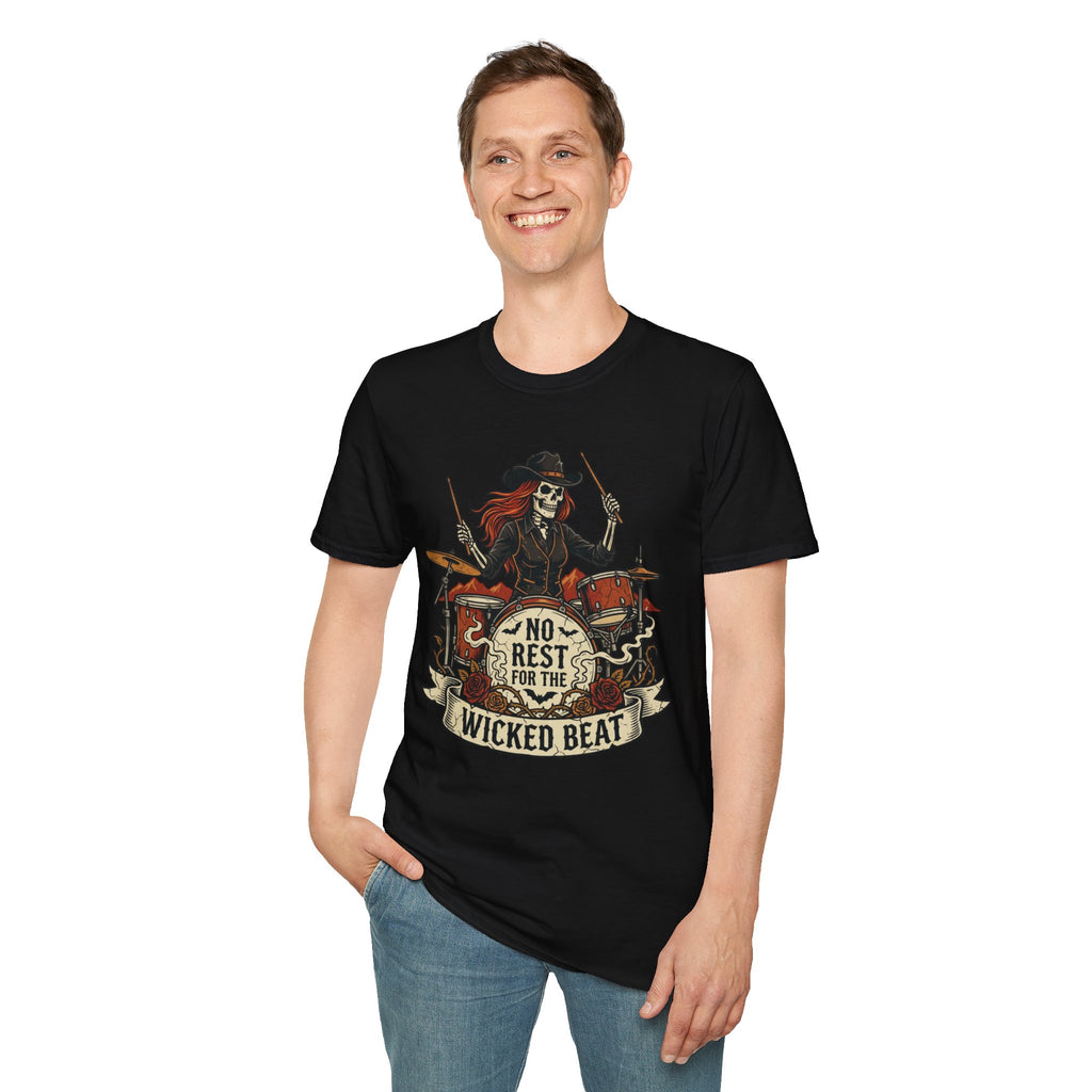 No Rest for the Wicked Beat Drummer Skeleton Halloween Tee | Keep’n It Real