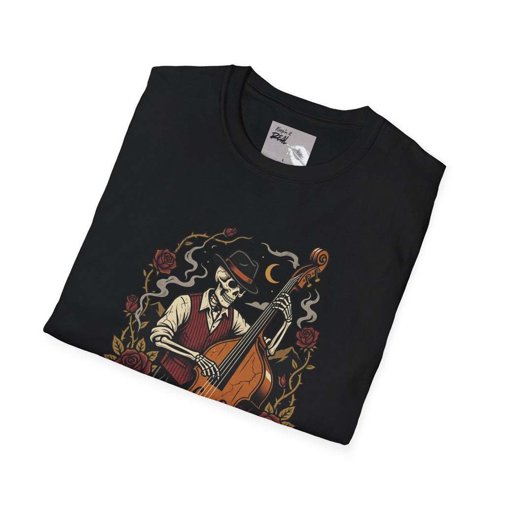 Low Notes & Lost Souls Skeleton Bassist Halloween Tee | Keep’n It Real