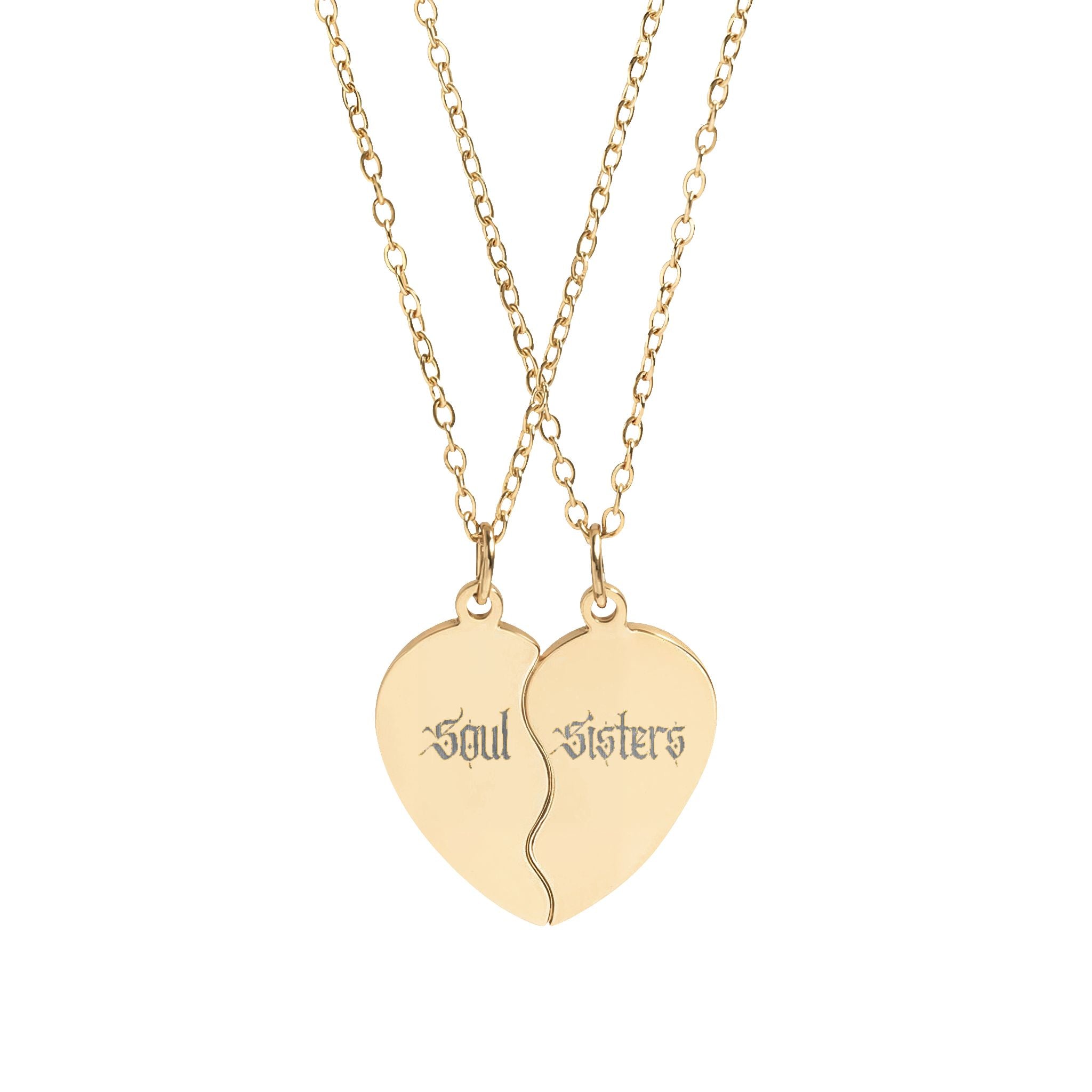 Soul Sisters Engraved Break-Apart Heart Necklace Set — Best Friend Split Pendant