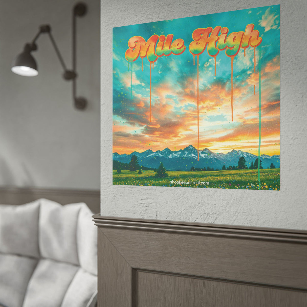 Rolled Poster -Mile High Mountain Sunset — Retro Drip Typography Wall Art