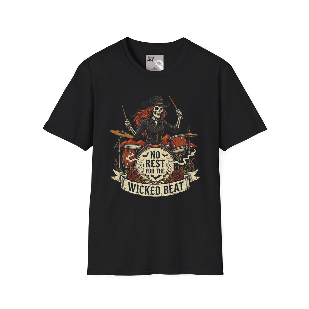 No Rest for the Wicked Beat Drummer Skeleton Halloween Tee | Keep’n It Real