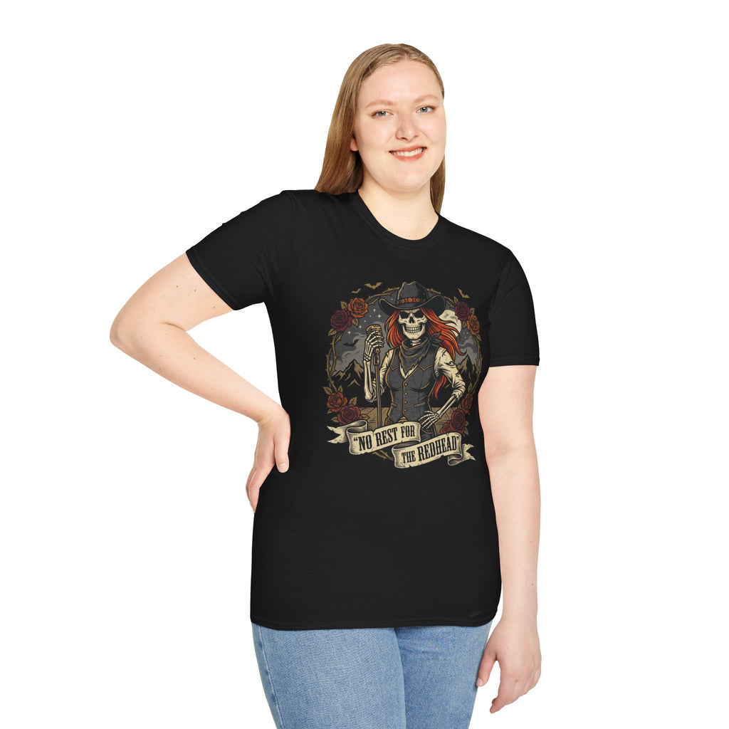 No Rest for the Redhead Skeleton Singer Halloween Tee | Keep’n It Real