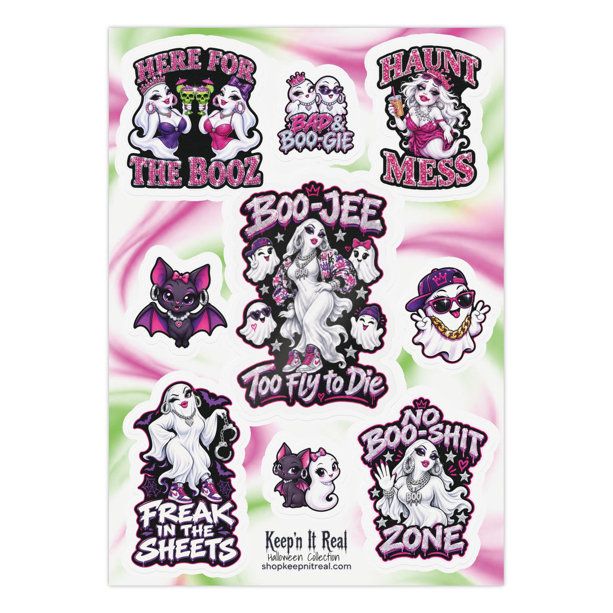 Halloween Ghost Sticker Sheet — Cute Spooky Quotes (Here for the Booz, Freak in the Sheets, No Boo‑Shit Zone)