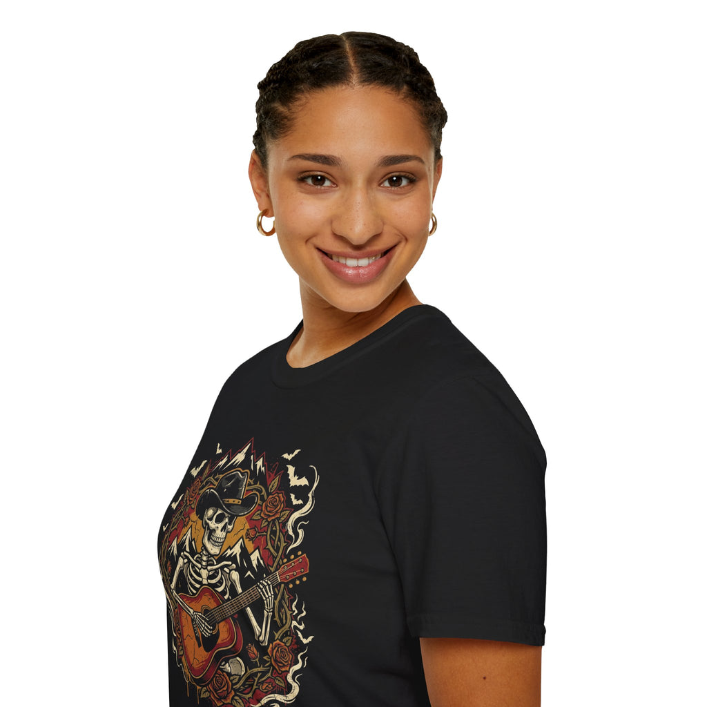 Haunted Outlaw Skeleton Guitar Halloween Tee | Keep’n It Real