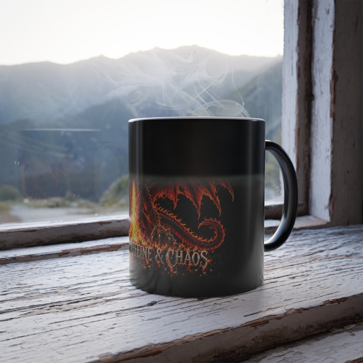 Fueled By Caffine & Chaos- Dragon Color Changing Mug — 11oz Heat-Reactive Halloween Coffee Cup | Keep'n it Real