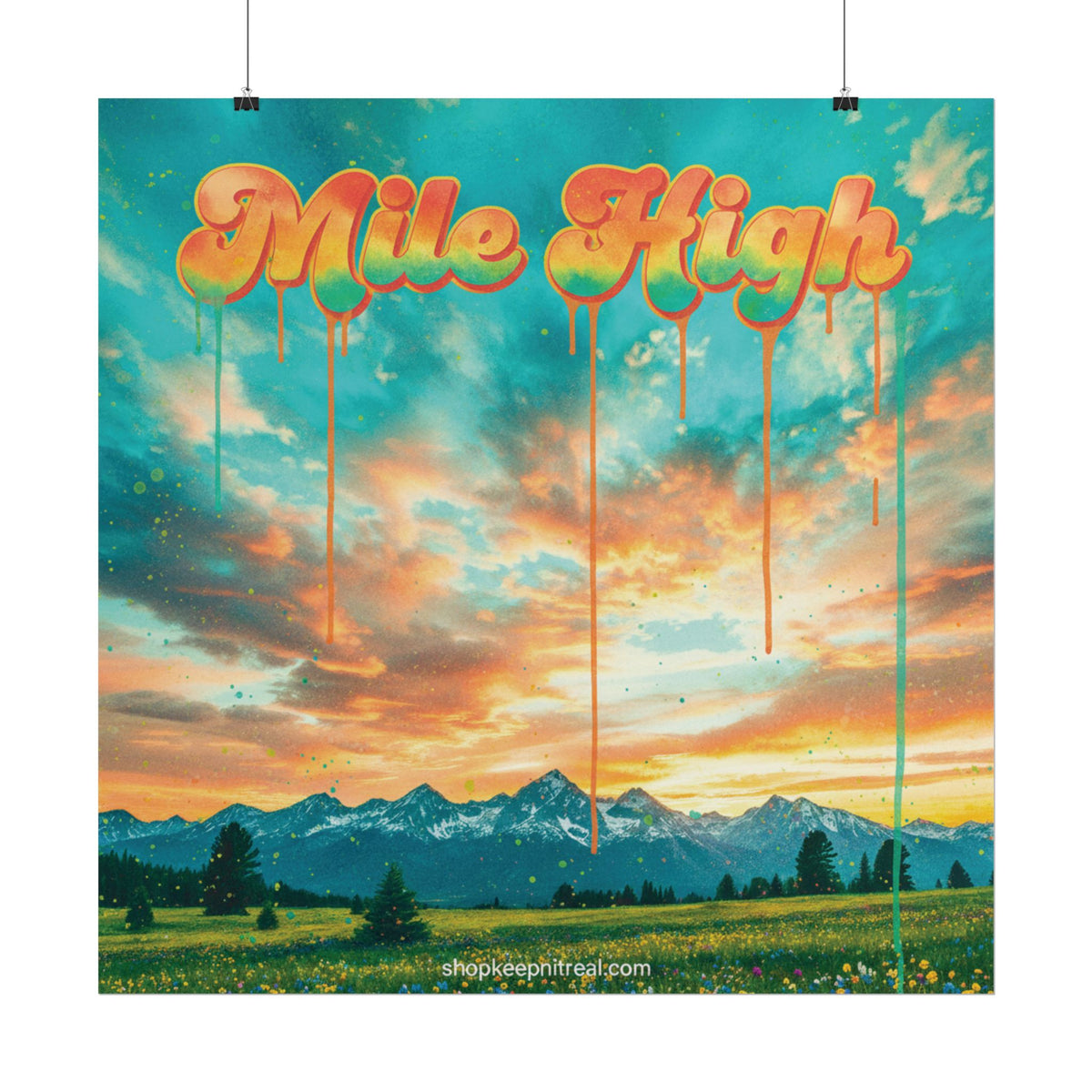 Rolled Poster -Mile High Mountain Sunset — Retro Drip Typography Wall Art