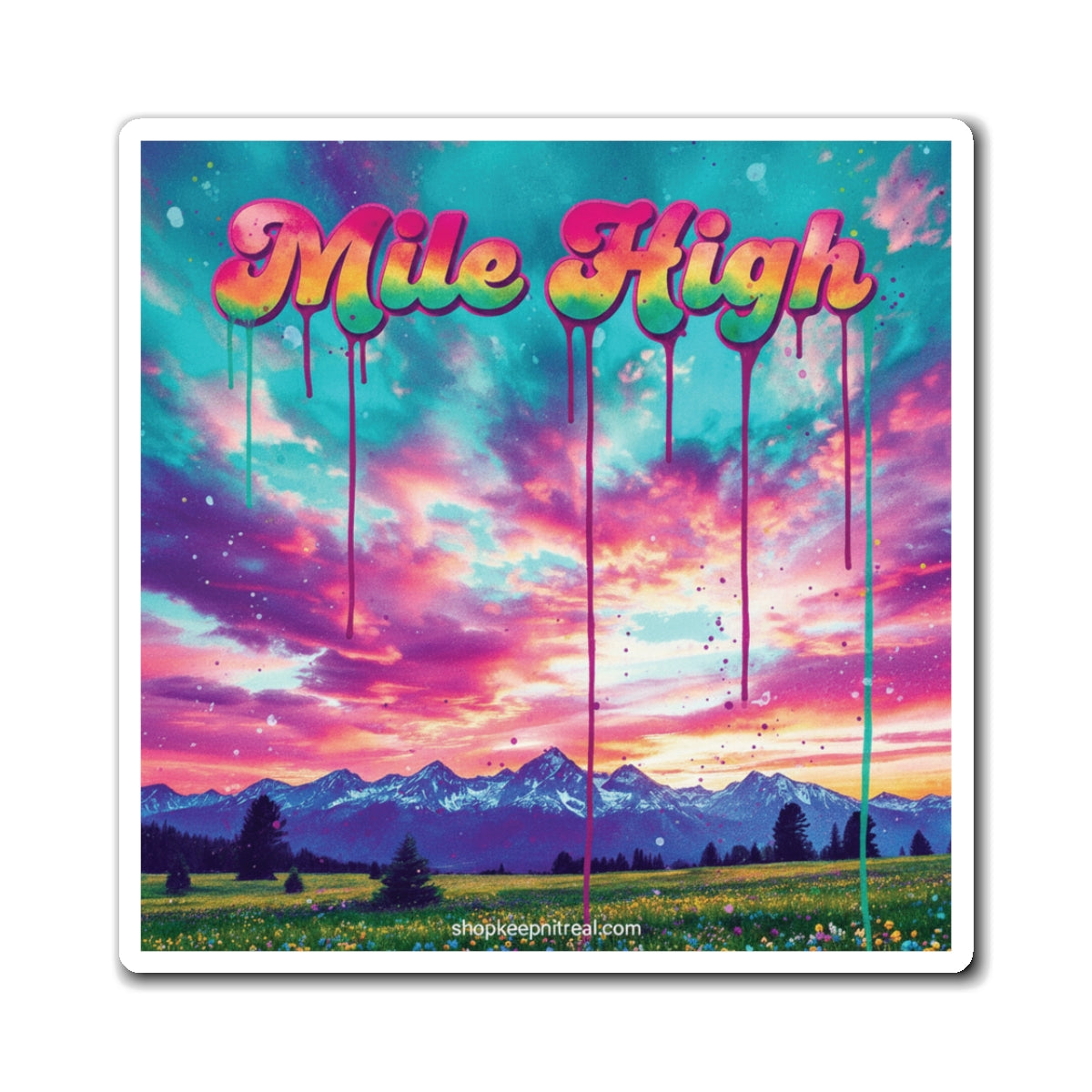 Mile High Scenic Magnet — Retro Drip Mountain Sunset Refrigerator Sticker
