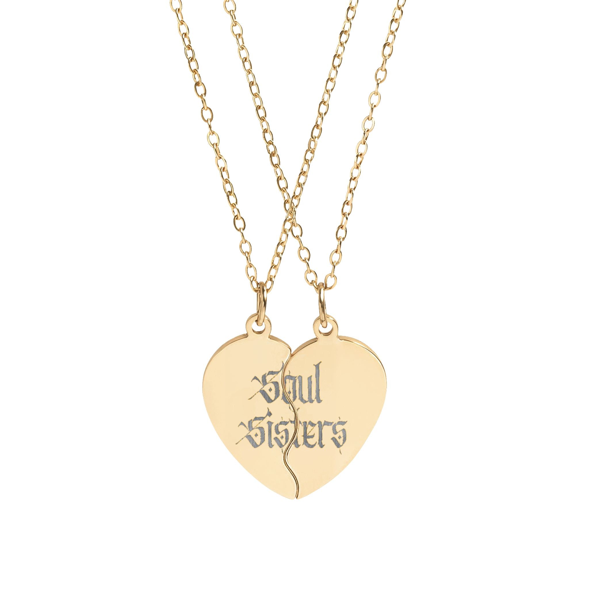 Soul Sisters Engraved Break-Apart Heart Necklace Set — Best Friend Split Pendant