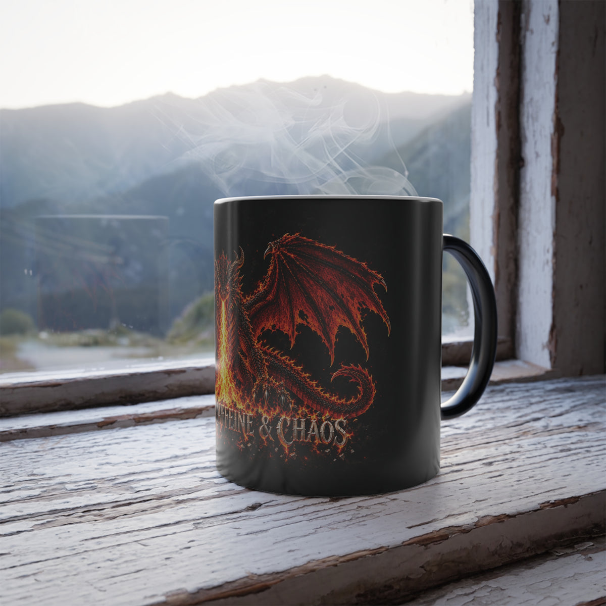 Fueled By Caffine & Chaos- Dragon Color Changing Mug — 11oz Heat-Reactive Halloween Coffee Cup | Keep'n it Real