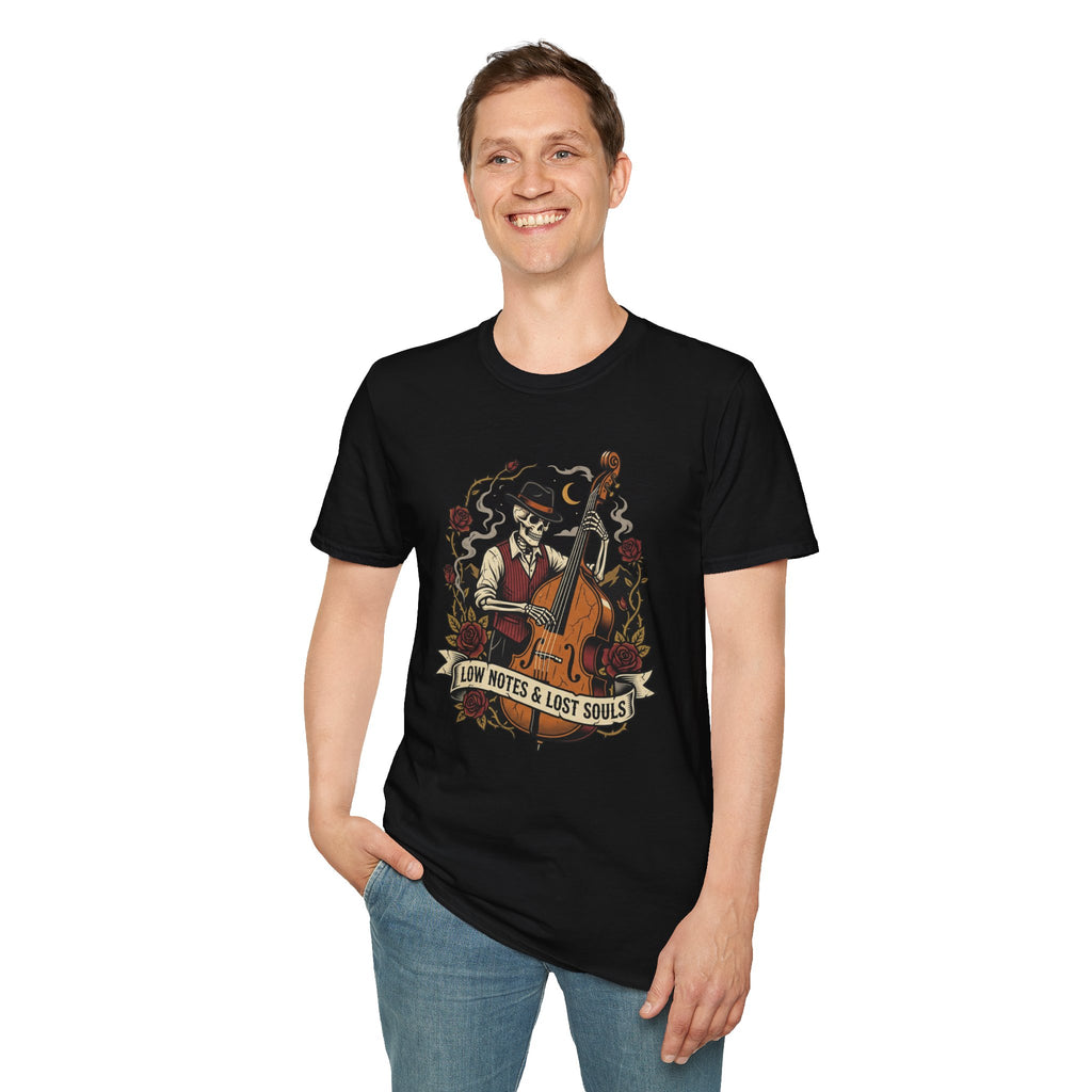 Low Notes & Lost Souls Skeleton Bassist Halloween Tee | Keep’n It Real