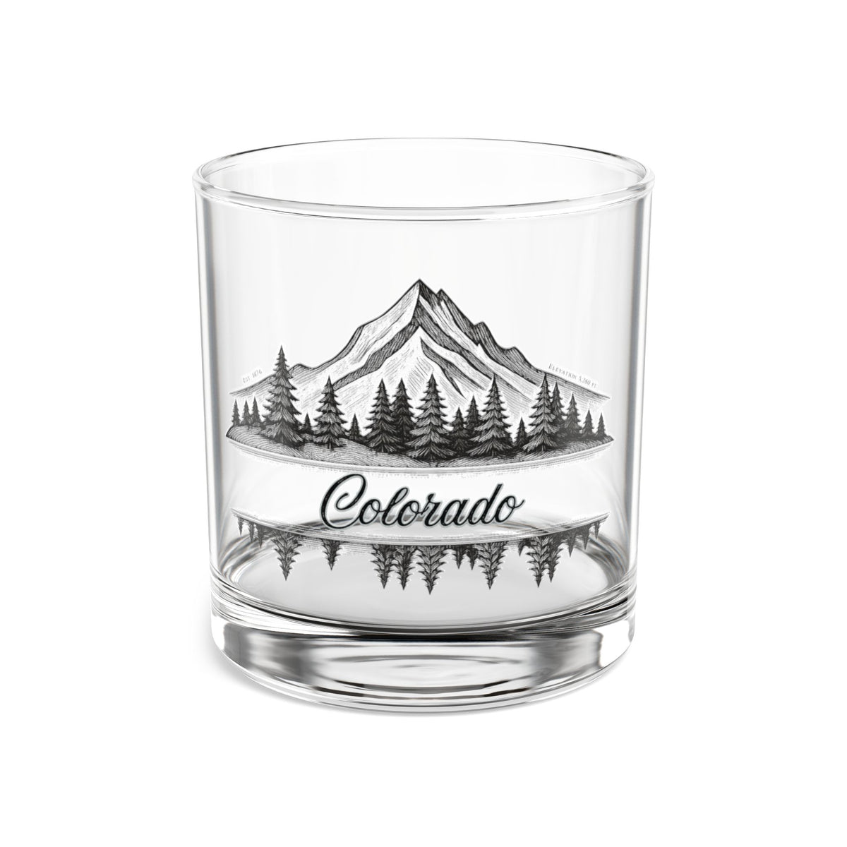 Colorado Mountain Rocks Glass — 10 oz Whiskey Tumbler with Pine Tree & Lake Engraving