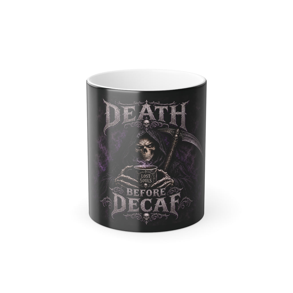 Death Before Decaf -Grim Reaper Color Changing Mug — 11oz Heat-Reactive Halloween Coffee Cup | Keep'n it Real