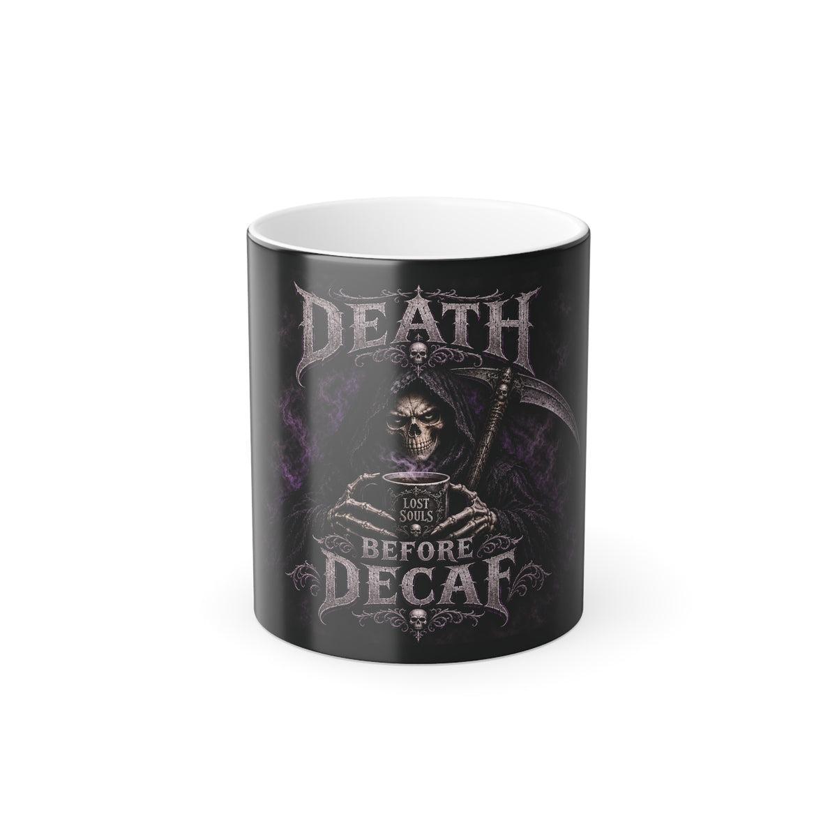 Death Before Decaf -Grim Reaper Color Changing Mug — 11oz Heat-Reactive Halloween Coffee Cup | Keep'n it Real