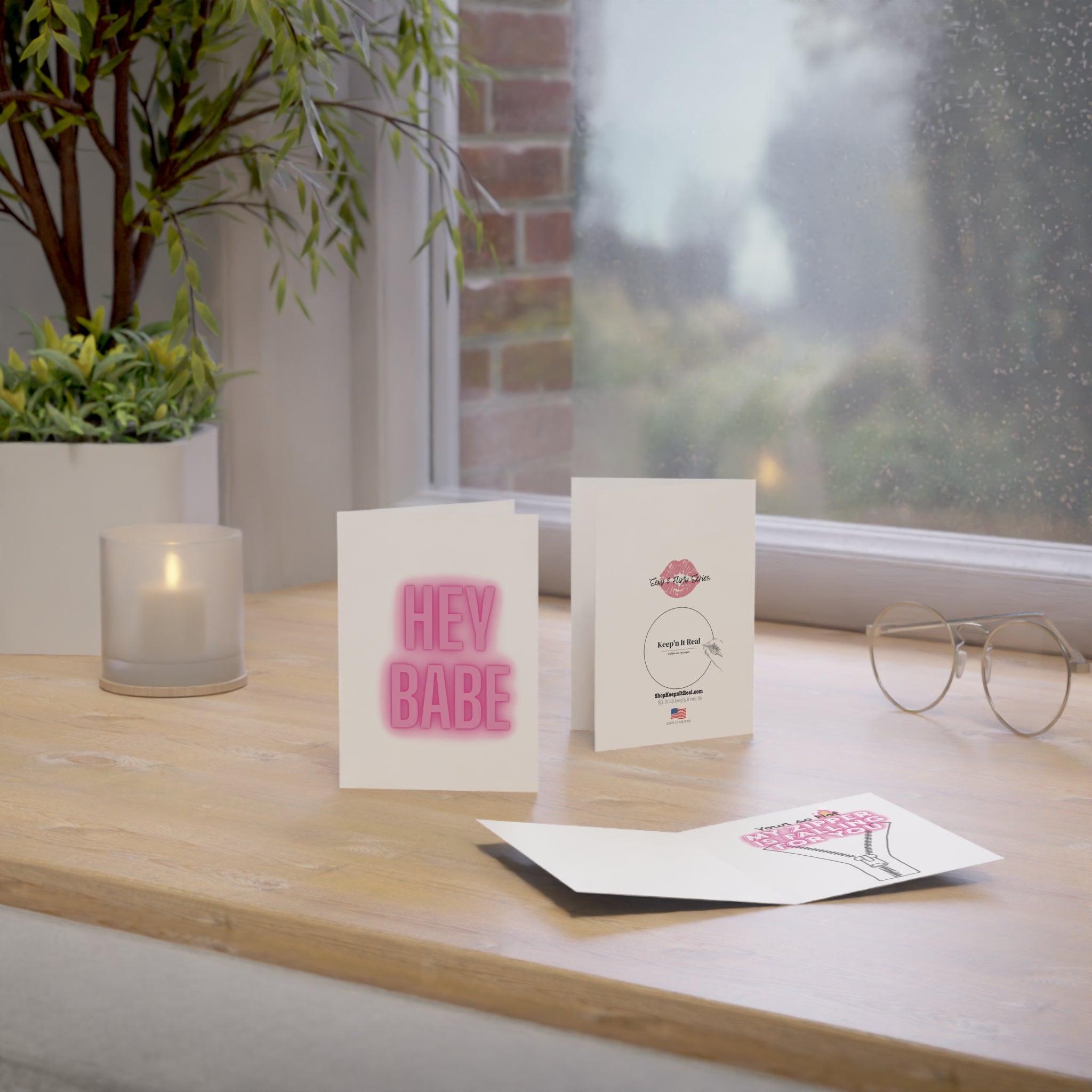 Greeting Card — 'HEY BABE' Pink Neon Love Note (Single or Bulk Packs)