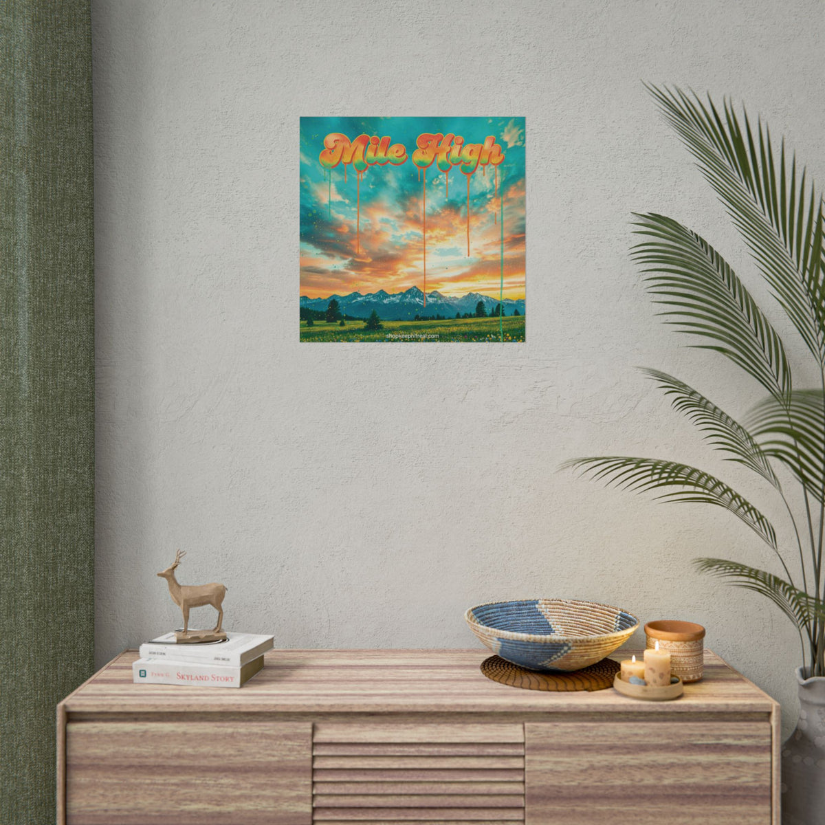 Rolled Poster -Mile High Mountain Sunset — Retro Drip Typography Wall Art