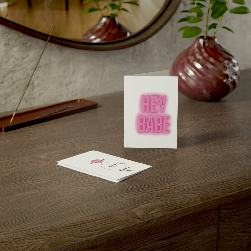 Greeting Card — 'HEY BABE' Pink Neon Love Note (Single or Bulk Packs)