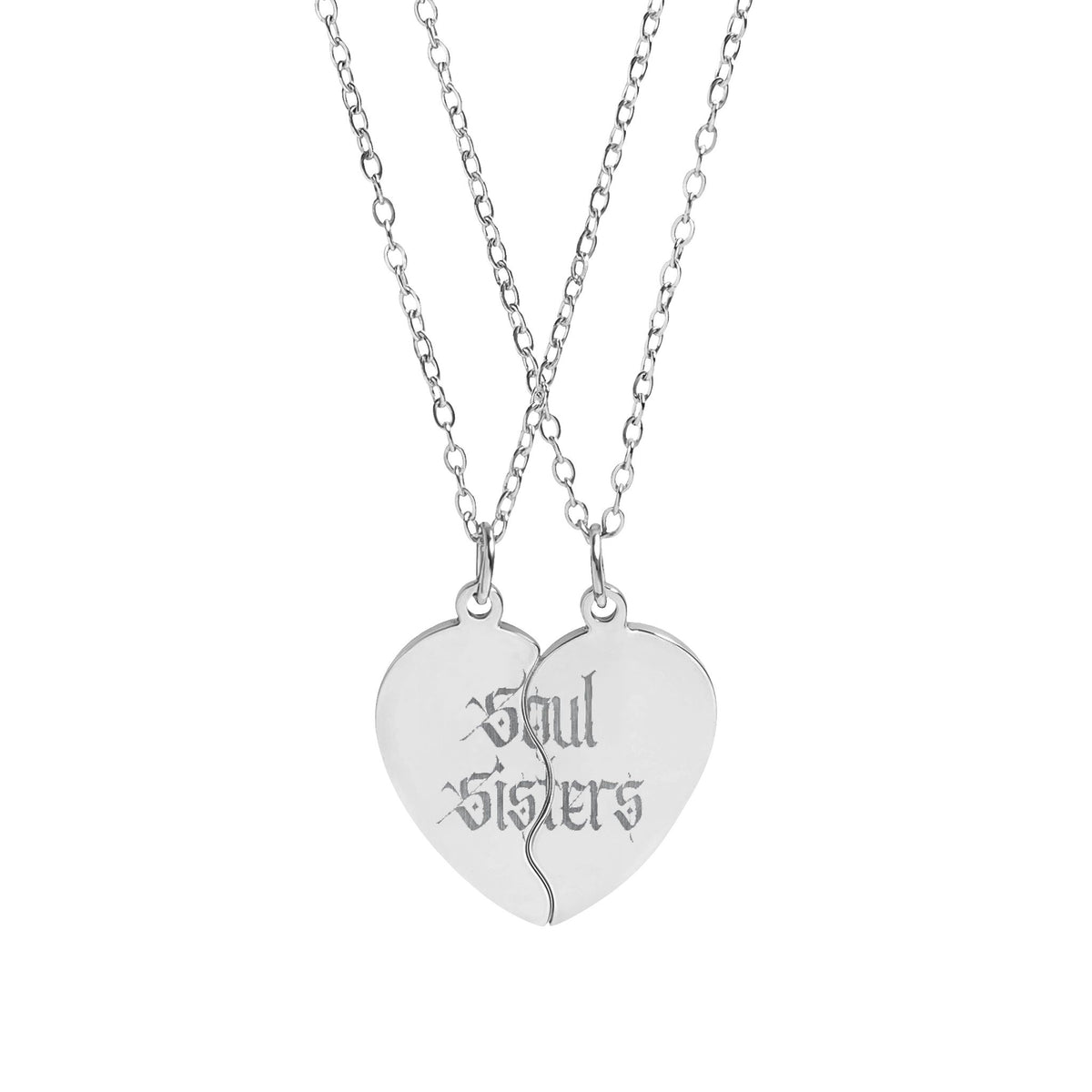 Soul Sisters Engraved Break-Apart Heart Necklace Set — Best Friend Split Pendant