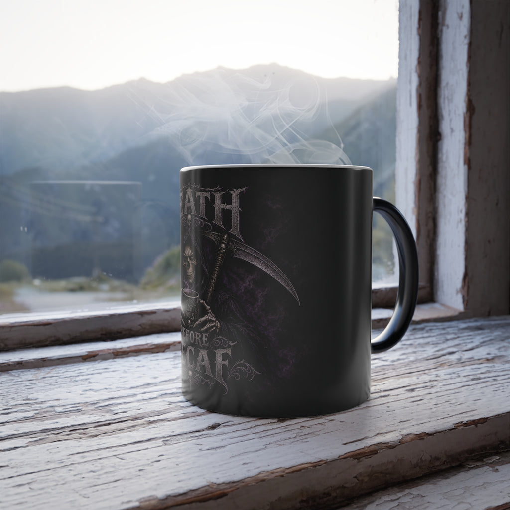 Death Before Decaf -Grim Reaper Color Changing Mug — 11oz Heat-Reactive Halloween Coffee Cup | Keep'n it Real
