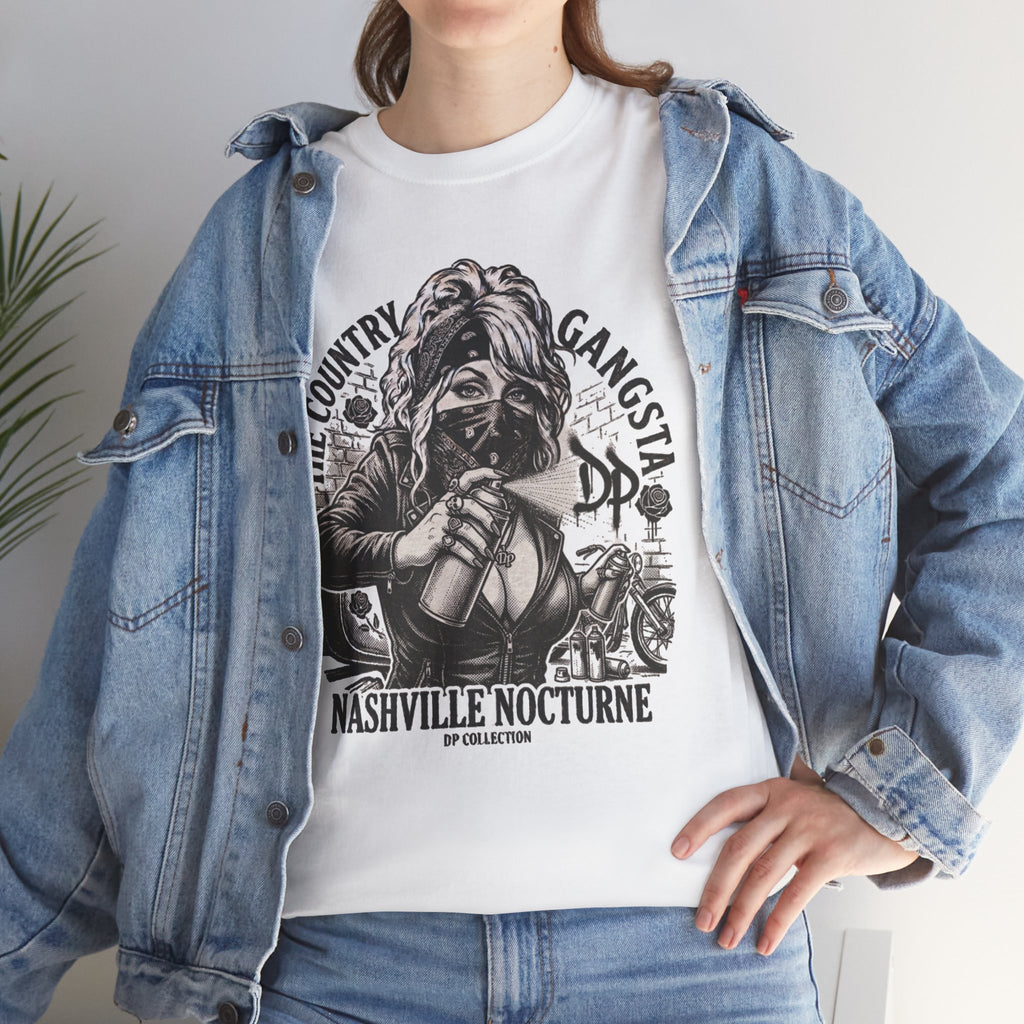 D.P. Collection Country Gangsta Spray Painting Tee — "Nashville Nocturne" Graphic Shirt (Back: Gone But Not Forgotten)