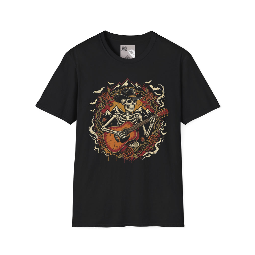Haunted Outlaw Skeleton Guitar Halloween Tee | Keep’n It Real