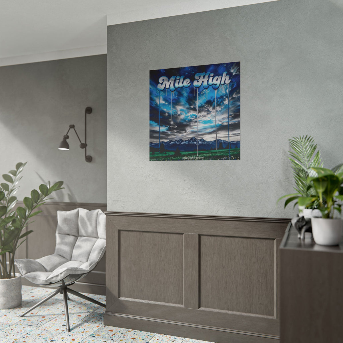 Rolled Poster — "Mile High" Mountain Sky Art Print (Blue Landscape, Drip Lettering)