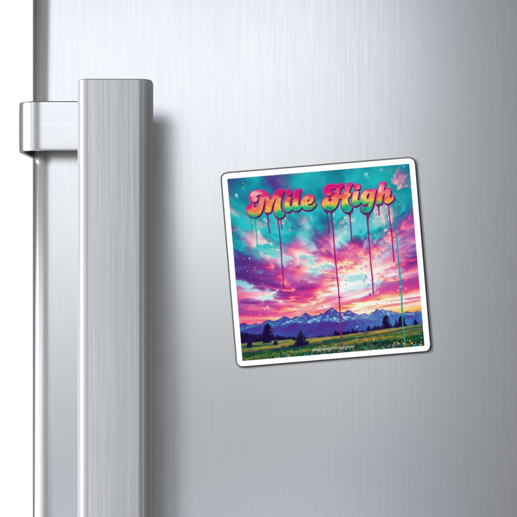 Mile High Scenic Magnet — Retro Drip Mountain Sunset Refrigerator Sticker