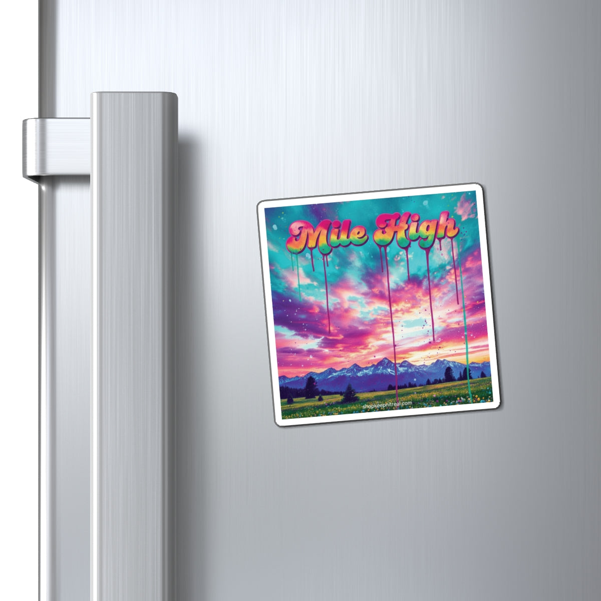 Mile High Scenic Magnet — Retro Drip Mountain Sunset Refrigerator Sticker