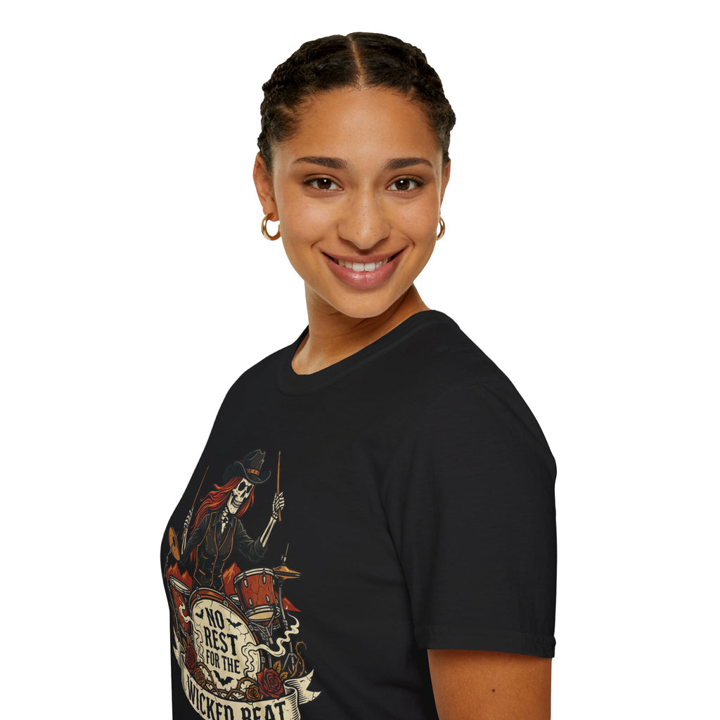 No Rest for the Wicked Beat Drummer Skeleton Halloween Tee | Keep’n It Real
