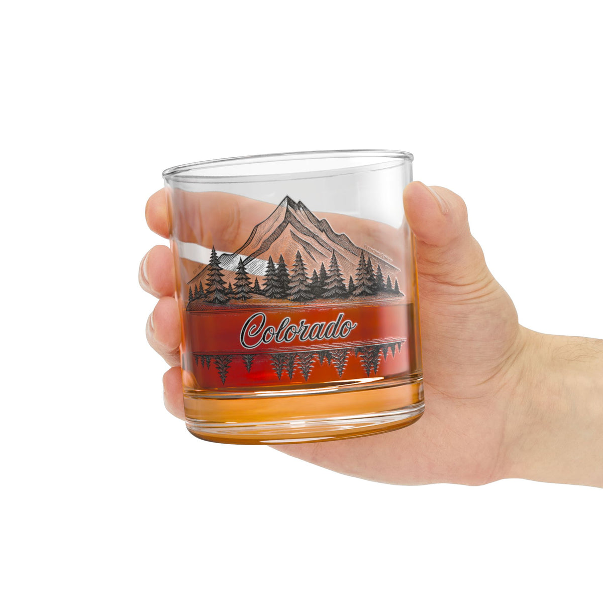 Colorado Mountain Rocks Glass — 10 oz Whiskey Tumbler with Pine Tree & Lake Engraving