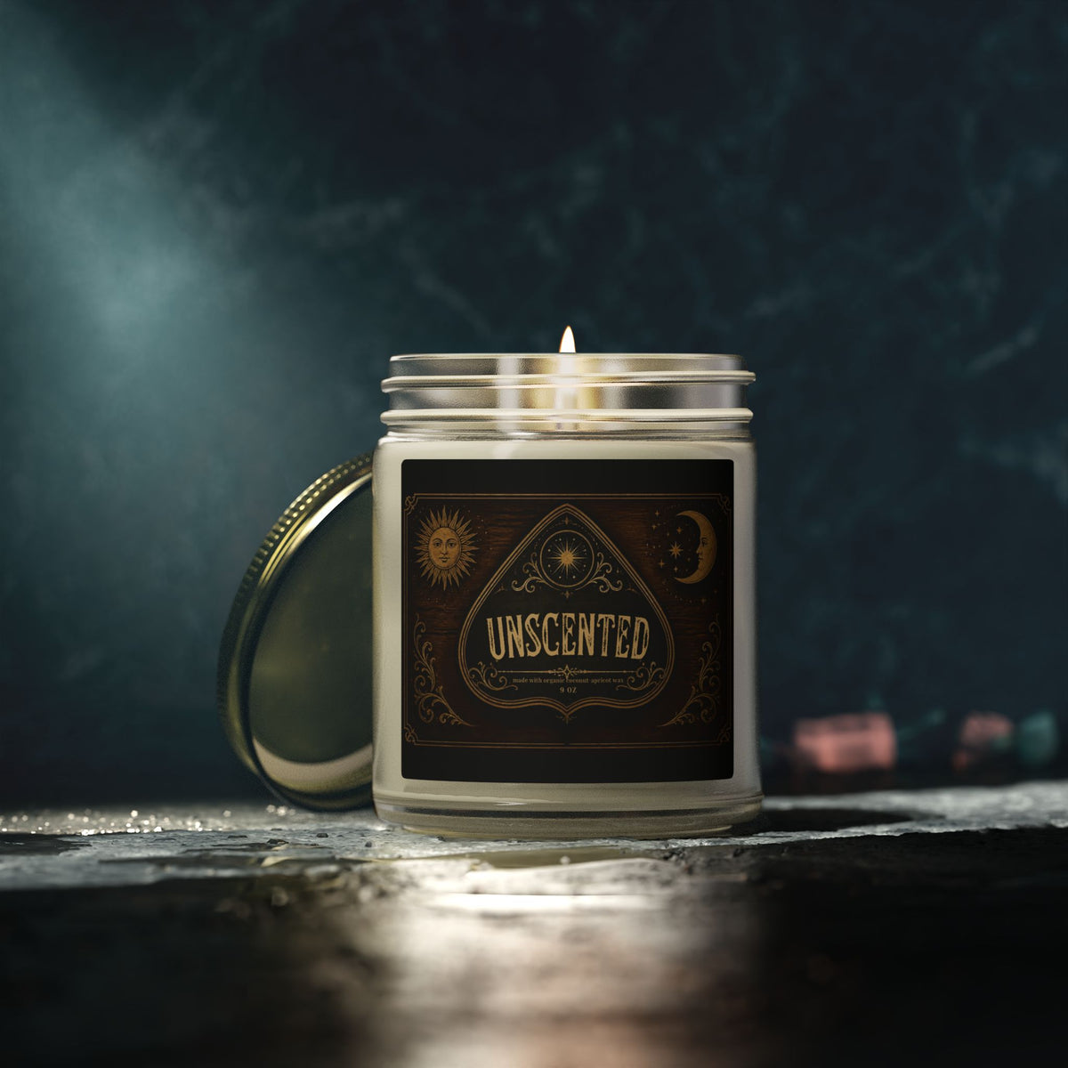 Unscented Coconut-Apricot Wax Candle — Ouija-Inspired Halloween Vibe (4oz & 9oz)
